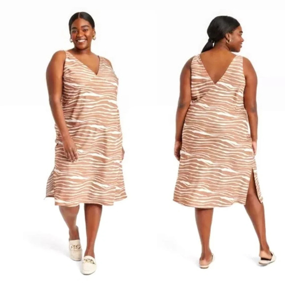 ✨NWT A New Day Cream Tan Zebra Animal Print Satin Slip Midi Dress Women's XXL - Picture 4 of 12
